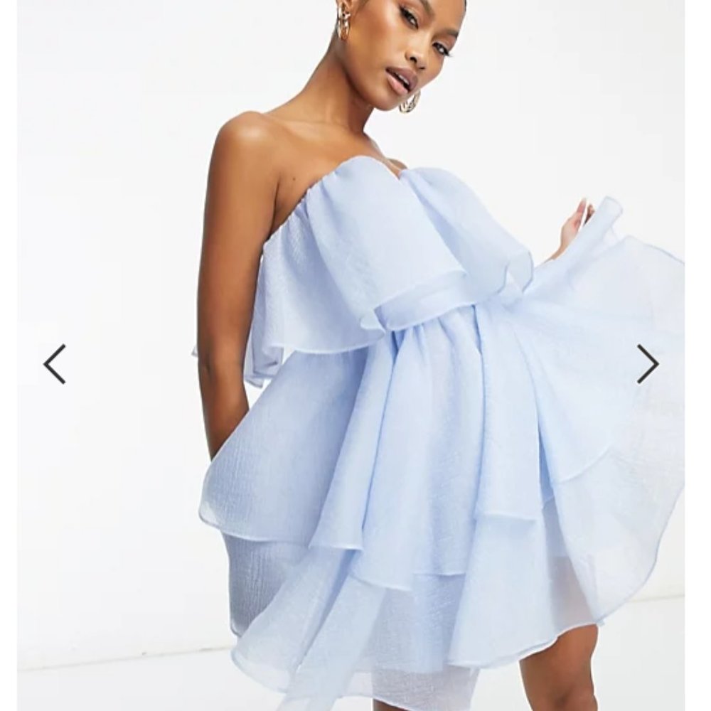 ASOS LUXE chiffon bandeau tiered mini dress in blue